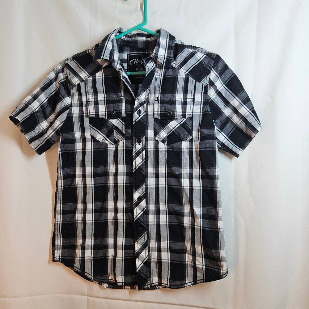 CHALS Plaid‎ Western Shirt Short Sleeve Button Up Black White Boys Size M